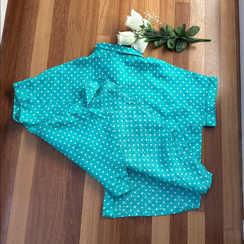 RACHEL Rachel Roy Turquoise Polka Dot Linen Shirt - Picture 8 of 8